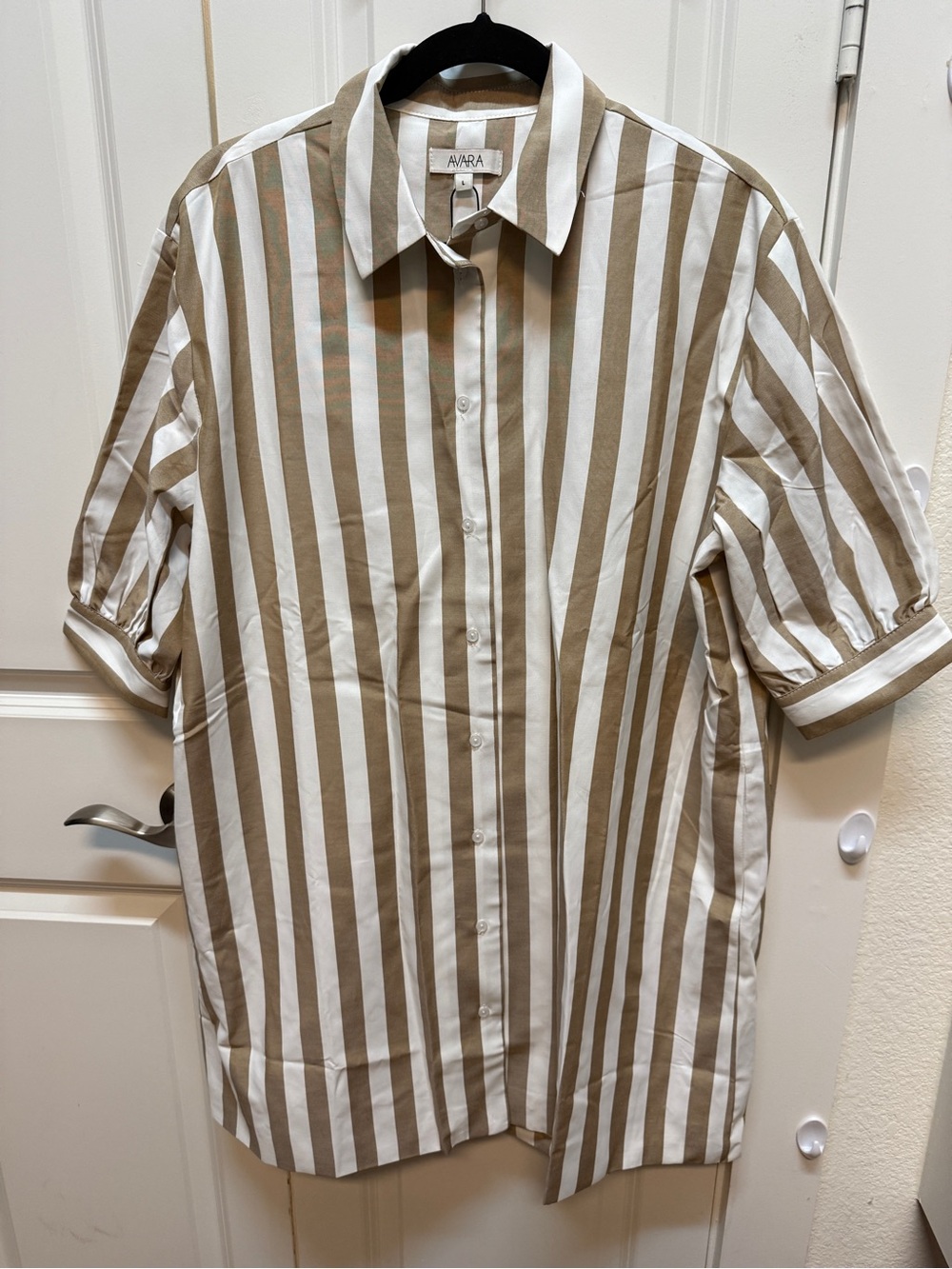 Avara Vertical Stripe Button-Down lined Shirt Dress in Beige and White.